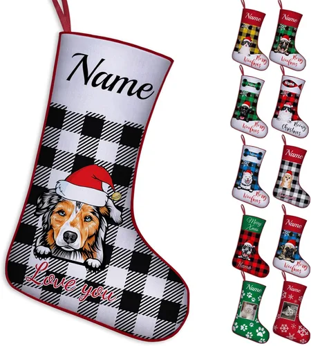 Vista 40 de Calcetines de Navidad personalizados para perros y gatos, 42 patrones de perros y mascotas, calcetines de Navidad personalizados con nombres, adorno