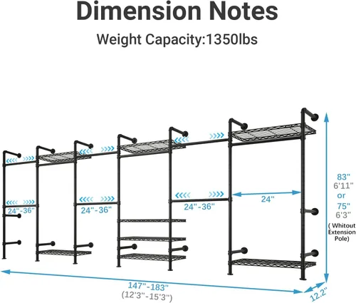 Vista 4 de Timate F6 - Perchero para colgar en la pared, sistema de armario de tubería industrial expandible, perchero colgante resistente, organizador de Negro