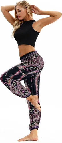 Vista 2 de Plustrong Pantalones tipo harén de cintura fruncida para mujer, estilo hippie, bohemio, para yoga, palazzo, pantalones casuales con bolsillos