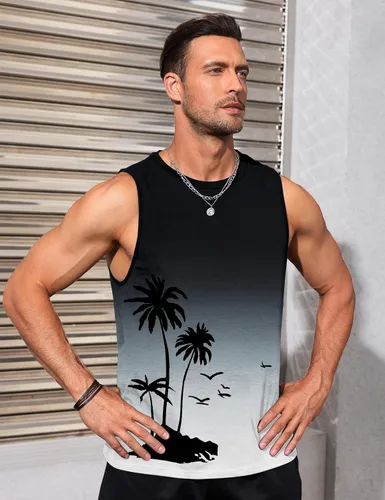 Vista 3 de Camisetas sin mangas con gráficos para hombre, camisetas musculares hawaianas para playa, árbol de coco hawaiano, camisetas sin mangas patrióticas