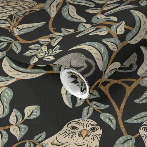 Vista 2 de Muestro de papel tapiz extraíble – Little Owl Damask William Morris Farmhouse Arts and Crafts Birds of Rapy, papel tapiz de transición verde suave