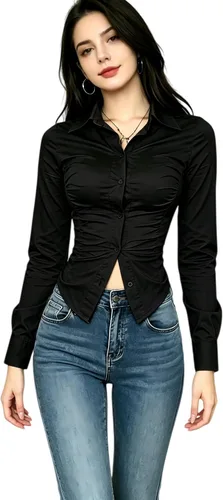 Vista 2 de Camisa sexy de manga larga ajustada con cuello de fila y cintura plisada con botón para camisa de mujer
