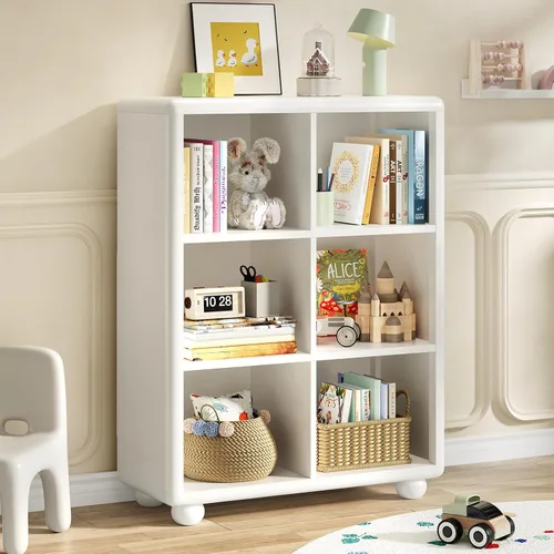 Vista 10 de Estantería para niños, estantería grande de madera con almacenamiento de 6 cubos, organizador de almacenamiento de juguetes para niñas con pintura