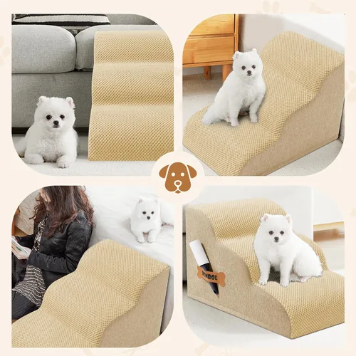 Vista 6 de Escaleras para perros Romrol, rampa para camas y sofás, escalones extra anchos para mascotas con cubierta duradera impermeable y antideslizante