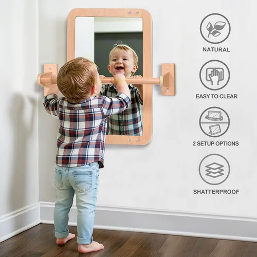 Vista 3 de Montessori Baby Espejo de seguridad inastillable 2 en 1 con barra de dominadas, montaje en pared infantil y juego en el suelo para el tiempo boca