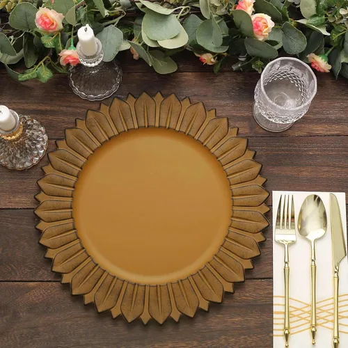 Vista 4 de Efavormart Paquete de 6 Platos Cargadores de Cena de Plástico de Girasol Amarillo Mostaza Mate de 13", Bandejas Redondas Desechables para Servir
