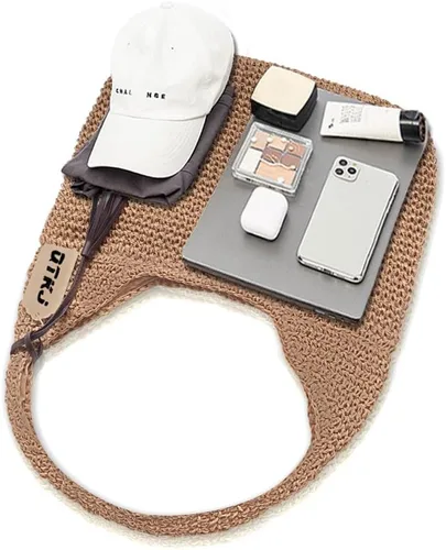 Vista 4 de Bolso de hombro de paja grande suave tejido a mano con borlas negras Boho paja asa tote retro verano playa bolsa de ratán bolso