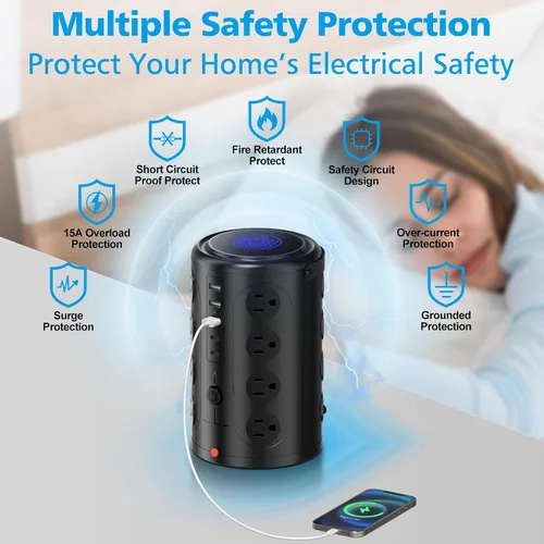 Vista 4 de Regleta de alimentación con protector de sobretensiones de torre (16 salidas de CA + 5 puertos USB incluyendo 2 tipos C), cable de extensión de 5