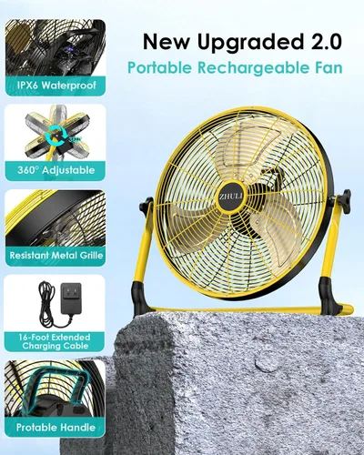 Vista 5 de ZHULI Ventilador solar de 14 pulgadas, ventilador de piso con batería Ventilador L amarillo de 14