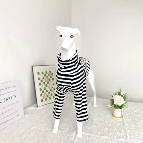Vista 6 de Greyhound Clothes - Overol básico de algodón suave con cuello alto y rayas, chaleco de manga larga, pijama elástico para perro galgo, Whippet Negro