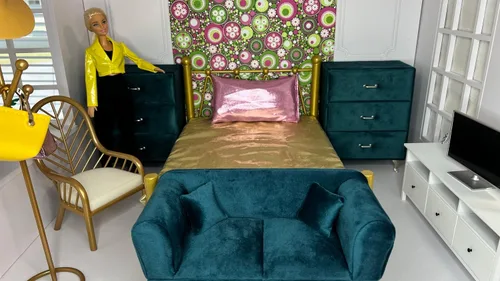 Vista 2 de Eledoll 1:6 Muebles para casa de muñecas Sofá de terciopelo verde oscuro pavo real
