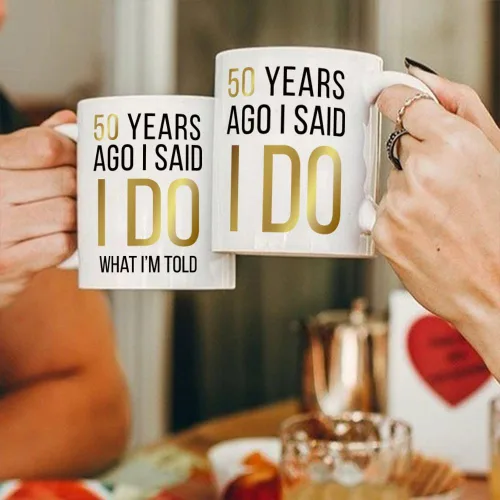 Vista 2 de Dnuiyses Novedoso juego de tazas de hace 50 años, regalos de aniversario de boda para parejas, 50 Years Ago I Said I Do Wedding Anniversary Cup