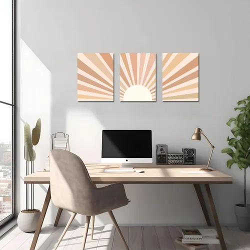 Vista 2 de YokiMino Juego de 3 arte bohemio para pared, lienzo enmarcado moderno de mediados de siglo, diseño de líneas geométricas de naturaleza para sala