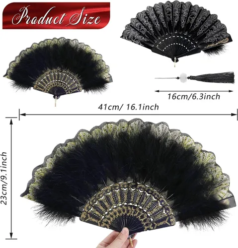 Vista 2 de Namalu - Abanico de plumas bordado, 2 piezas, diseño de marabú de los años 20, plegable, drag queen para mujeres de los años 20, disfraz de fiesta