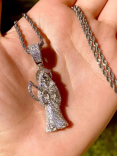 Vista 3 de Shop-iGold Iced Santa Muerte Hombres Mujeres 925 Italia Colgante de plata helada Ice Out de acero inoxidable real 0.118in cuerda cadena, Mans