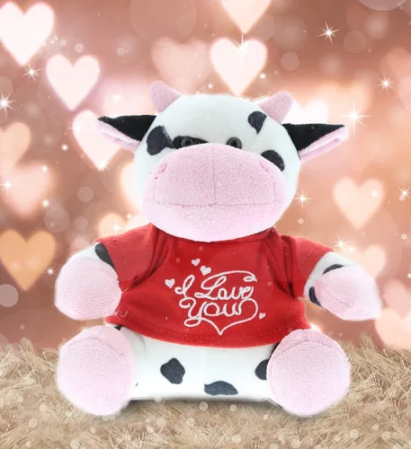 Vista 4 de DolliBu Vaca de peluche con texto en inglés "I Love You", bonito animal de peluche con camisa roja y nombre, regalo personalizado para el día de San