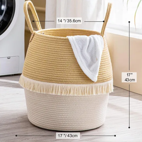 Vista 6 de KAKAMAY Cestas tejidas para almacenamiento (17 x 17 pulgadas), cesta grande de lavandería para bebé tejida con cuerda de algodón, cesta de Flecos