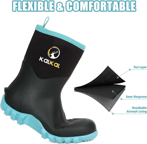 Vista 2 de Kalkal Botas de goma para mujer, de neopreno de 0.236 pulgadas, impermeables, aisladas, con vástago de acero, pantorrilla ancha, botas de caza