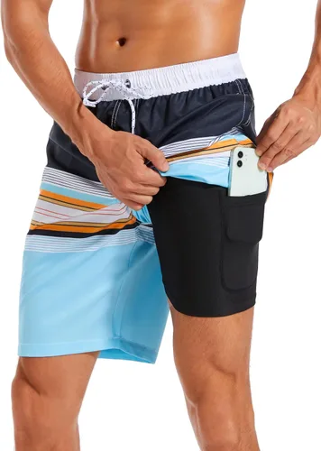 Vista 20 de Difficort - Traje de baño para hombre con forro de compresión, pantalones cortos de secado rápido con bolsillos con cremallera 1-a/ Rayas negras