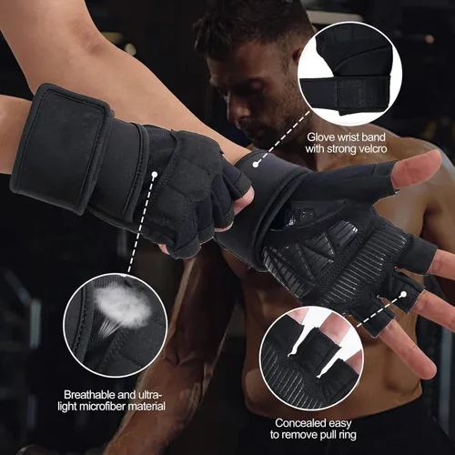 Vista 2 de Guantes de entrenamiento para hombres y mujeres, guantes acolchados para levantamiento de pesas en el gimnasio con soporte para muñeca, protección