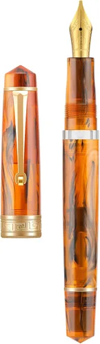 Vista 15 de Asvine P20 - Pluma estilográfica de pistón de resina ámbar, punta media de iridio, bordes dorados, colección Smooth Writer con estuche