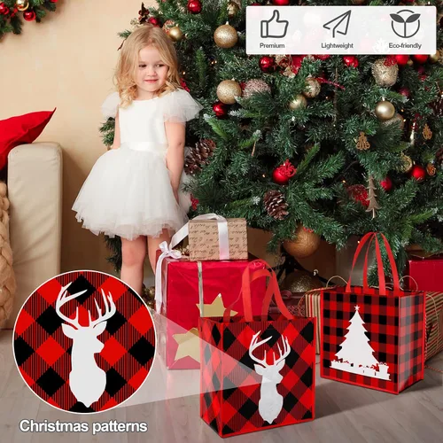 Vista 7 de Aneco 12 bolsas grandes reutilizables de Navidad rojas y negras no tejidas con asas, bolsas de regalo para suministros de fiesta, 14 x 13.8 x 7.5