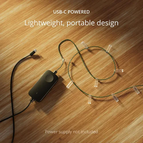 Vista 2 de Twinkly Strings - Cadena de luces en forma de vela USB-C con 100 LED RGB, 20 pies. Cable verde. Controlado por aplicación. Alimentado por USB-C.