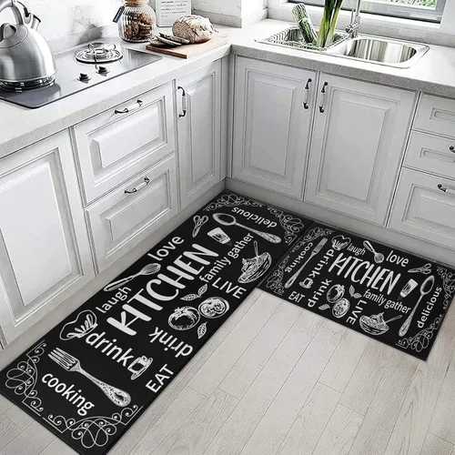 Vista 3 de ArtSocket Juego de 2 tapetes de cocina antideslizantes y lavables, color negro, tapete moderno para debajo del fregadero y felpudo
