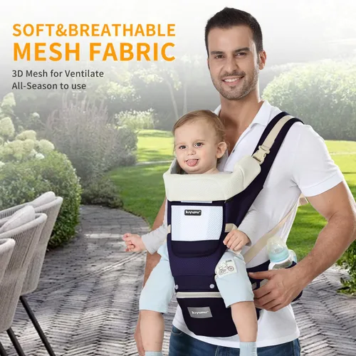 Vista 7 de KIYUMI Portabebés con asiento de cadera, posición M ergonómica, de recién nacido a niño pequeño, soporte para la cabeza y malla transpirable