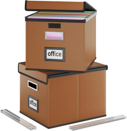 Vista 15 de Caja organizadora de archivos Huolewa con tapa, caja organizadora de carpetas de archivos colgantes de cuero sintético plegable con deslizadores