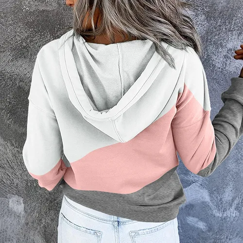 Vista 5 de Sudaderas con capucha de moda con bloques de color para mujer sueltas casuales con botones manga larga con cordón con bolsillo