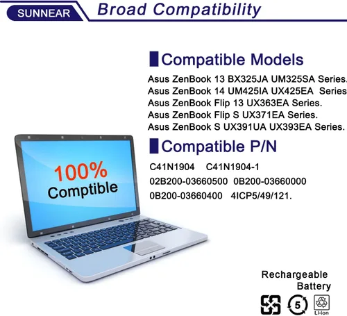 Vista 4 de C41N1904 C41N1904-1 Reemplazo de batería para ZenBook 13 BX325JA UX325SA UM325SA UX363EA-EM045R 14 UX425UA UM425IA HM053T Flip S13 UX393EA VivoBook