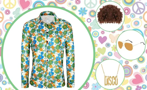 Vista 6 de DreamJ Disfraz de discoteca de los años 70 para hombre, trajes de camisa floral de los años 60, disfraces hippie de los años 70, conjunto