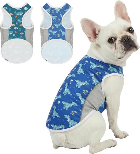 Vista 23 de Camiseta para perro con protección solar UPF 50+, paquete de 2 chalecos ligeros sin mangas para perros pequeños y niñas, tiras reflectantes, ropa