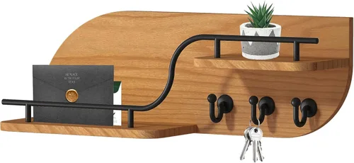 Vista 12 de Soporte para llaves de pared, organizador decorativo de llaves y correo con 3 ganchos de metal y 2 estantes, estante de llaves de madera montado