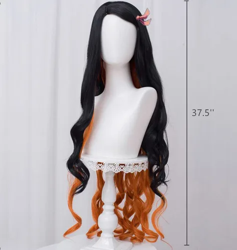 Vista 5 de SL Pelucas para disfraz de cosplay de Nezuko DS Anime Cosplay largo rizado naranja y negro pelucas con gorra