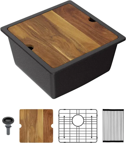 Vista 11 de Lordear Fregadero de Bar Empotrado de Granito Compuesto de 18 Pulgadas 18"x18" Fregaderos de Cocina de Cuarzo Compuesto Negro de Un Solo Tazón Bajo