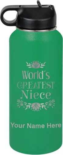 Vista 25 de LaserGram Botella de agua con tapa abatible de doble pared de 12 onzas con pajilla, sobrina más grande del mundo, grabado personalizado incluido