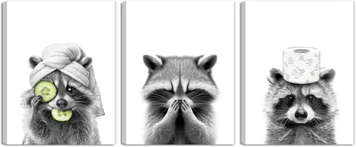 Vista 7 de Adorable póster artístico de mapache para baño, divertido póster de decoración de pared en blanco y negro, impresiones en lienzo de animales lindos