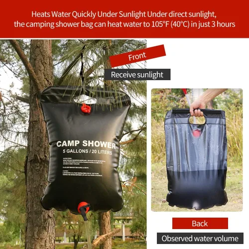 Vista 9 de DkOvn Bolsa de ducha solar, 5 galones/20L, bolsa de ducha para camping portátil con manguera extraíble y cabezal de ducha con interruptor