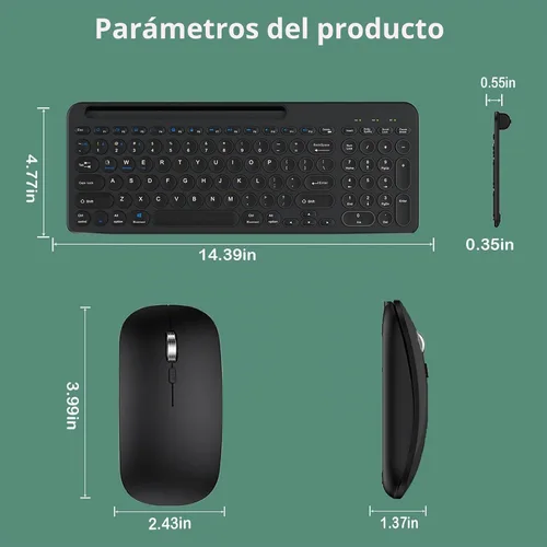 Vista 4 de Combo de teclado y mouse inalámbricos con soporte para tableta de teléfono, modo dual recargable (Bluetooth 5.0 y 3.0 +2.4G) mouse silencioso