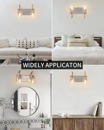 Vista 7 de foucasal Accesorios de Luz de Baño de Níquel Cepillado Luz de Tocador de Baño con Pantalla de Vidrio Transparente, 2 Luces Modernas de Pared