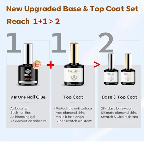 Vista 2 de modelones Pegamento de Uñas de Gel 9 en Uno Gel Base y Capa Superior Sin Limpieza Set de 2 Piezas para Esmalte de Uñas de Gel Adhesivo Extensión
