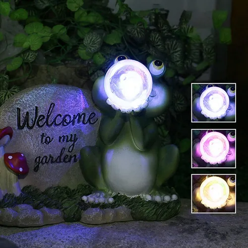 Vista 7 de Decoración de estatua de resina de jardín con luz solar, jardín patio trasero Welcome to My Garden Escultura de rana de resina con energía solar LED