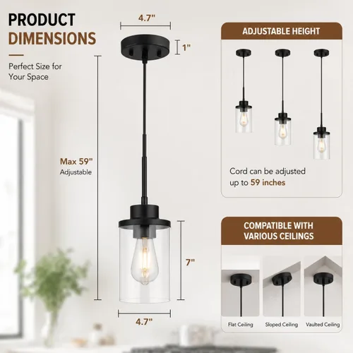 Vista 2 de Moderna Lámpara Colgante de Granja Negra de Vidrio Transparente Cilíndrico, Iluminación Colgante de Metal Industrial Mini para Isla de Cocina, Mesa