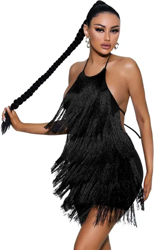 Vista 4 de SheIn Vestido corto sin mangas con flecos sin espalda sin mangas con borlas para mujer