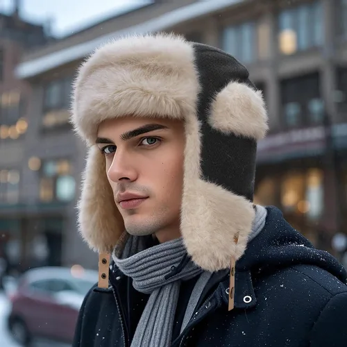 Vista 2 de Croogo Sombrero esquimal para clima frío, sombrero de trampero grueso de invierno, sombrero ruso Ushanka, resistente al viento, sombrero de esquí