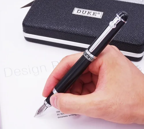 Vista 8 de erofa Duke - Pluma estilográfica negra de doble punta, iridio, media y fude caligrafía, juego de caja de regalo intercambiable para oficina