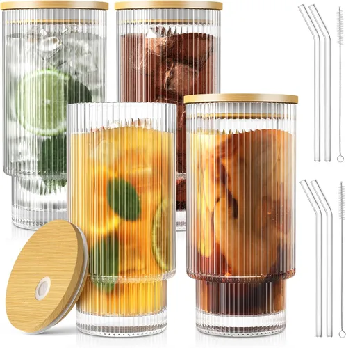 Vista 8 de CWHHRN Vaso de vidrio de 16 oz con tapa y pajita, vajilla vintage acanalada para whisky, cóctel, cerveza, tazas para café helado con tapa, vaso