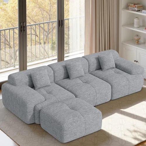 Vista 17 de Sofá modular convertible en forma de L de 122", sofá seccional tipo nube con otomán, sofás de chenilla sin estructura de 4 plazas para sala de Beige